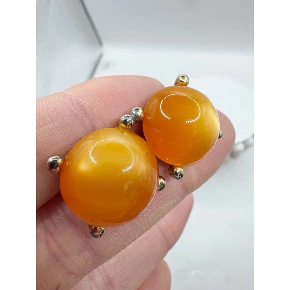 Vtg Orange Moon glow Thermoset Cabochon Round Cufflinks Menswear MCM Mid Century